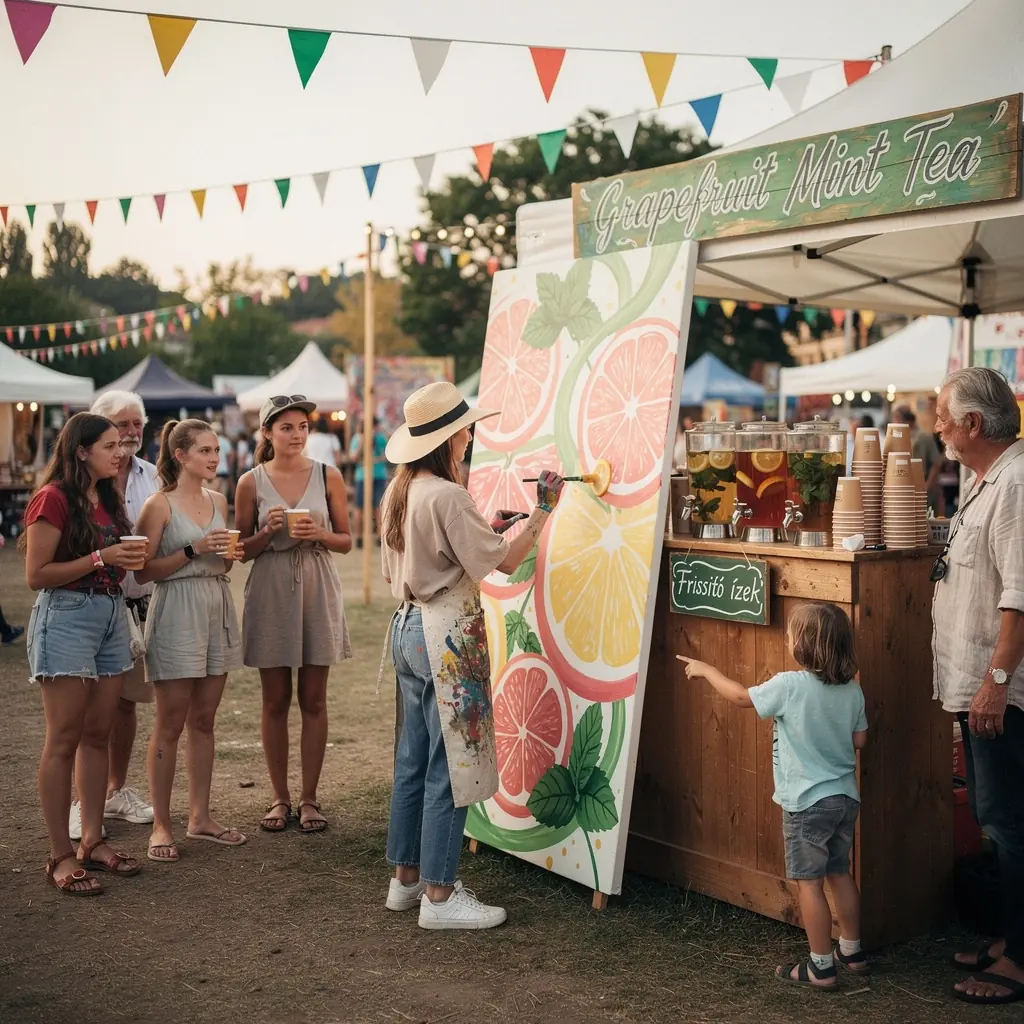 Zöld mentalevéllel díszített grapefruit tea, frissítő hatással.
