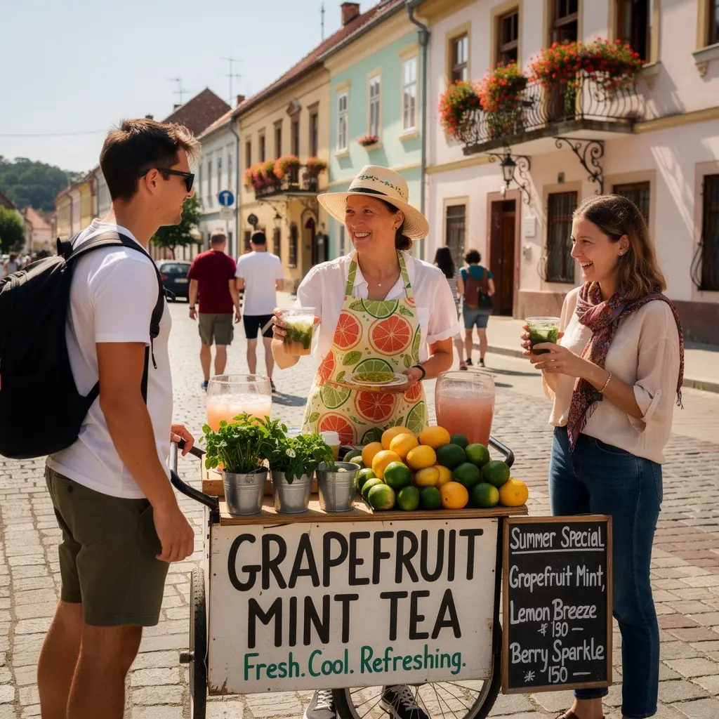 Frissítő grapefruit szeletek és mentalevelek a tea tetején.