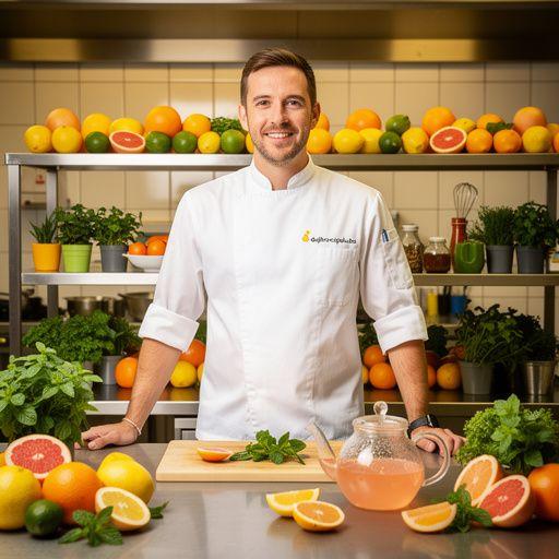 Frissítő grapefruit menta tea, üvegben, zöld mentalevelekkel díszítve.